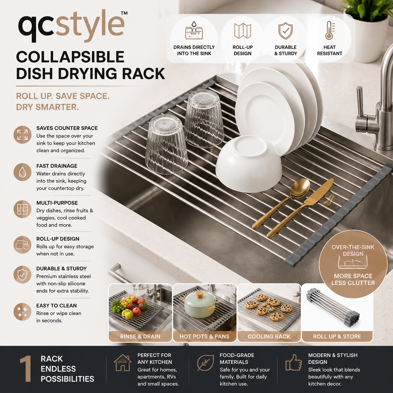 qcstyle™ Collapsible Dish Drying Rack – Foldable Over-the-Sink Kitchen Drying Rack