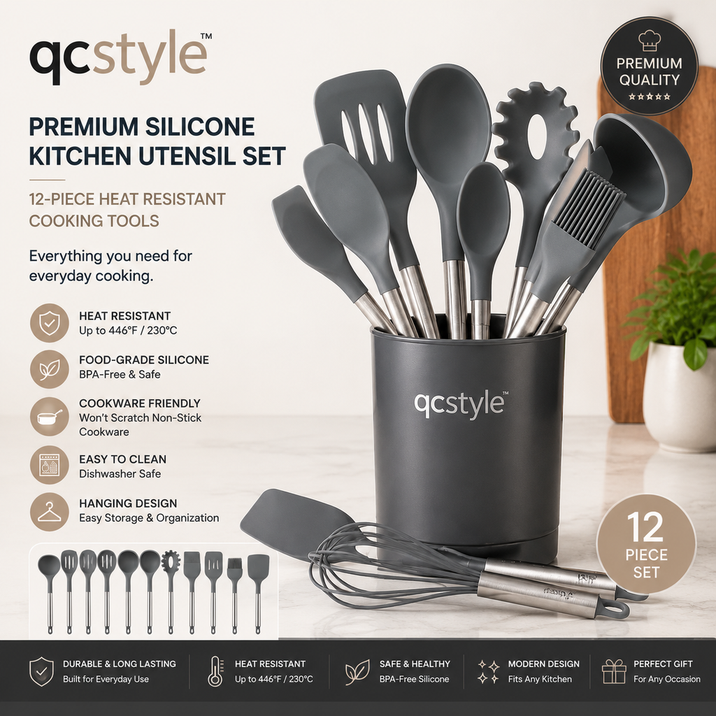 qcstyle™ Premium Silicone Kitchen Utensil Set – 12-Piece Heat Resistant Cooking Tools