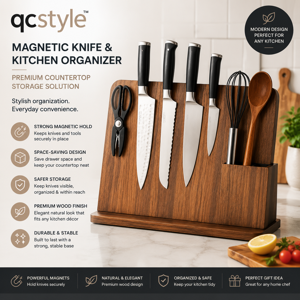 qcstyle™ Magnetic Knife & Kitchen Organizer – Premium Countertop Knife Storage Solution