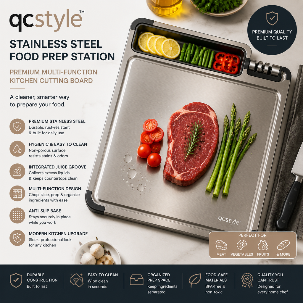 qcstyle™ Stainless Steel Food Prep Station – Premium Multi-Function Kitchen Cutting Board