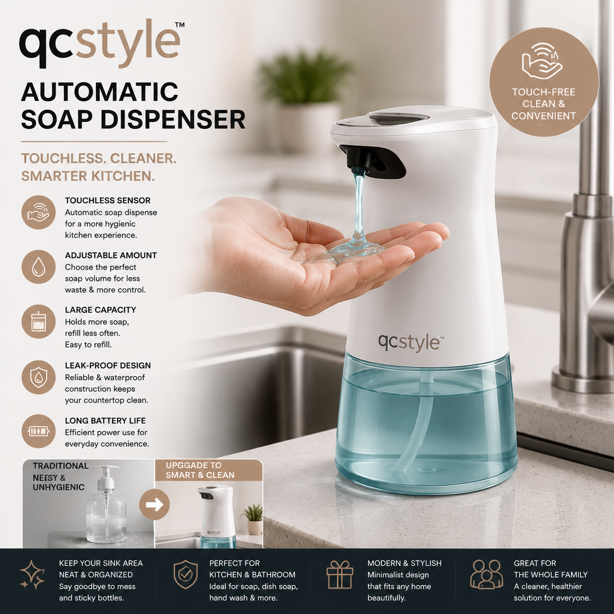 qcstyle™ Automatic Soap Dispenser – Touchless Kitchen Countertop Liquid Dispenser