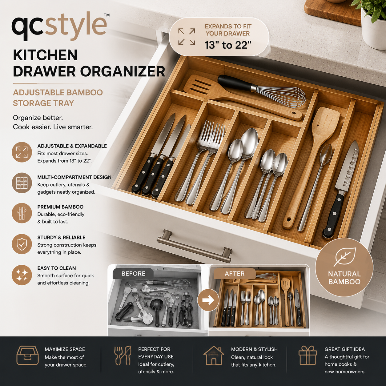 qcstyle™ Kitchen Drawer Organizer – Adjustable Bamboo Utensil Storage Tray